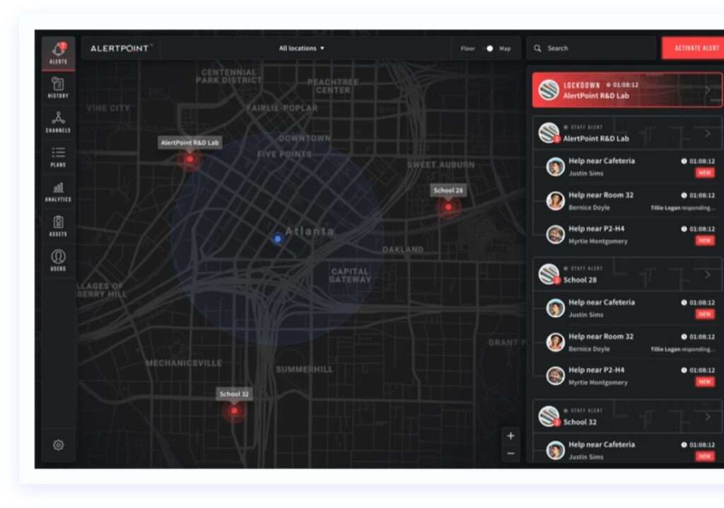 AlertPoint Security dashboard with live alerts on a city map