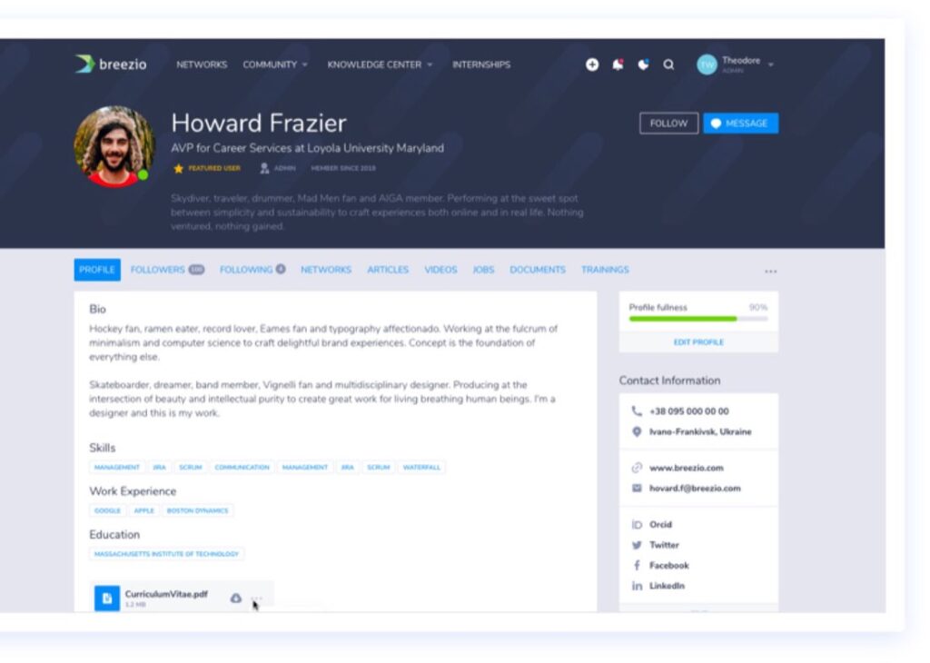 Breezio member profile page