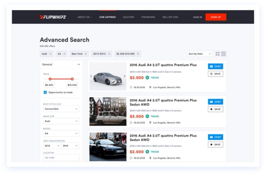 FlipWhipz car listings with advanced search