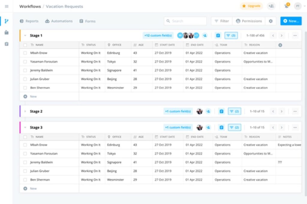 HyperBase workflow table with stages